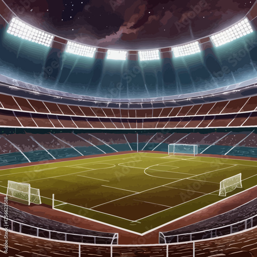 Soccer Stadium Spectacle: An illustrated panorama of a sprawling soccer stadium. Capture the scale of the event under an evening sky filled with bright spotlights and create a sense of anticipation.