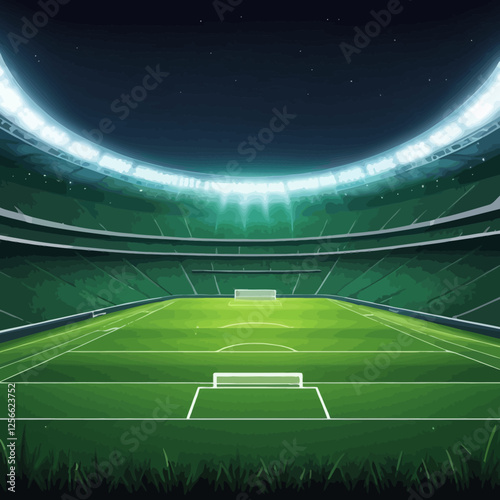 Nighttime Football Stadium: A majestic football stadium illuminated by bright stadium lights under the evening stars, ready for a match night. The grass is lush, and the view is epic!