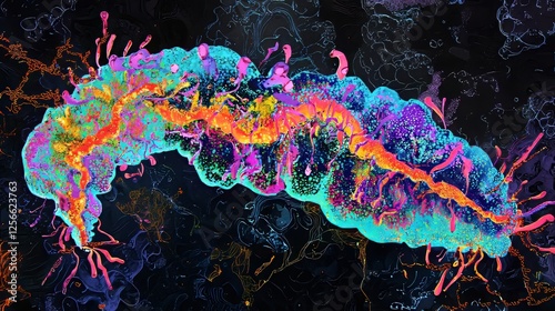 Microscopic view of Campylobacter jejuni, rendered with intricate detail, using a colorful pop art palette and neon accents on a dark textured background, combining art and science photo