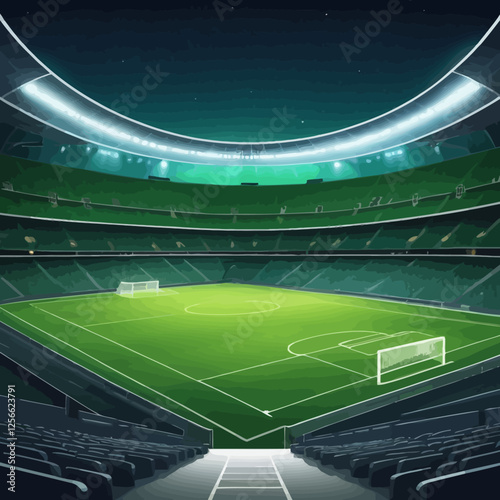 Stadium Spectacle: An immersive visual of a modern, well-lit stadium, empty of fans, displaying the meticulously manicured green field in anticipation of a football match.