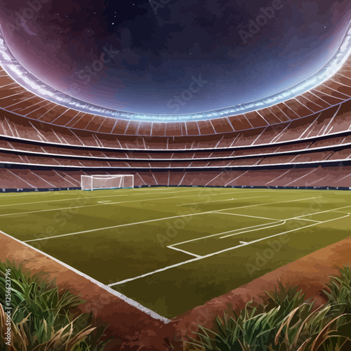 Soccer Stadium Under Night Sky: A panoramic view of a grand soccer stadium bathed in the ethereal glow of a starry night, capturing the anticipation and excitement of an upcoming match.