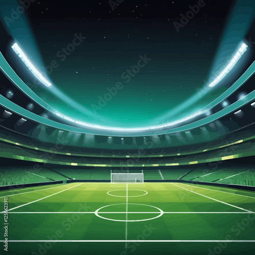 Illuminated Stadium: A panoramic view of a modern football stadium at night, with bright stadium lights illuminating the empty field.