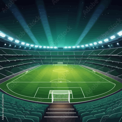 Stadium Spectacle: An expansive stadium bathed in the glow of spotlights, the verdant field invites anticipation, while the tiered seating whispers with the promise of cheering spectators.