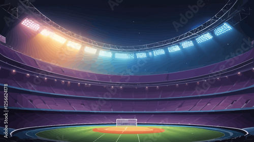 Empty Arena of Dreams: An immersive view of a grand stadium under a vibrant night sky. The perspective draws viewers into the heart of the arena