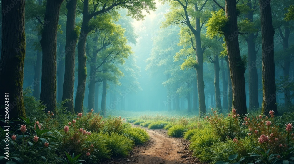 A serene and vibrant forest pathway with lush greenery and blooming flowers, creating a peaceful atmosphere. Ideal for nature, relaxation, and outdoor themes A serene and vibrant forest pathway with lush greenery and blooming flowers, creating a peaceful atmosphere. Ideal for nature, relaxation, and outdoor themes