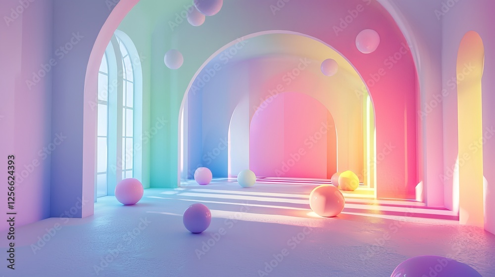 Bright rainbow playroom, immersive environment with surreal floating toys, luminous spheres, and soft colorful shadows, dreamy ambiance, 3D render, ultra-realistic Bright rainbow playroom, immersive environment with surreal floating toys, luminous spheres, and soft colorful shadows, dreamy ambiance, 3D render, ultra-realistic