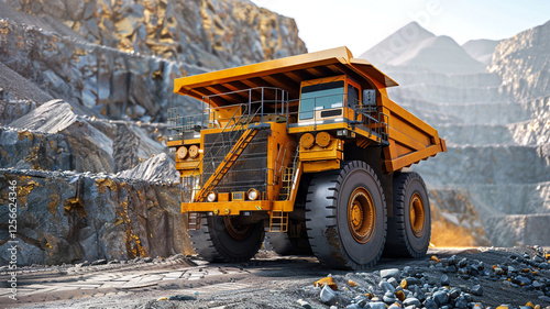 A colossal haul truck carries freshly mined ore down a terraced slope in a vast open-pit mine, with steep rock walls towering in the background under a clear sky.