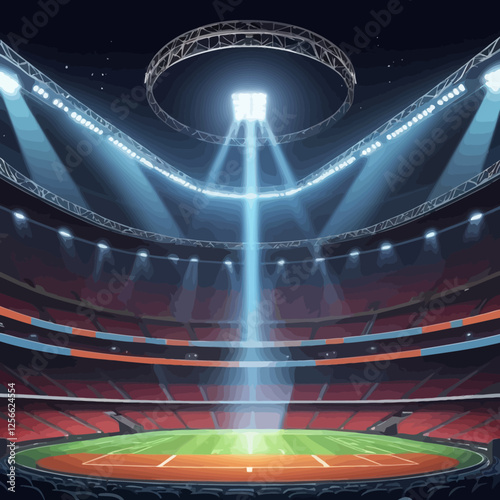 Illuminated Stadium: A captivating illustration showcases a large, modern stadium bathed in bright, theatrical lighting. The empty field awaits an unforgettable event.