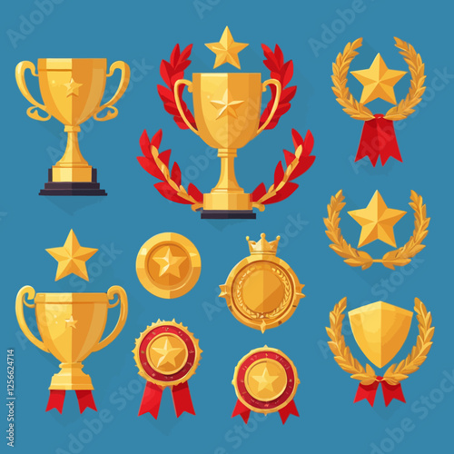Collection of golden awards illustration: A curated collection of gold trophies and awards shines with their intricate designs, symbolizing victory and recognition. Featuring a selection of stars.