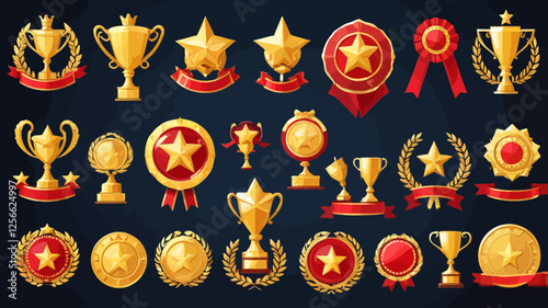 Collection of Golden Awards: A vibrant assortment of shimmering golden trophies, stars, and medals, each a symbol of achievement, set against a dark backdrop, celebrating success, competition.