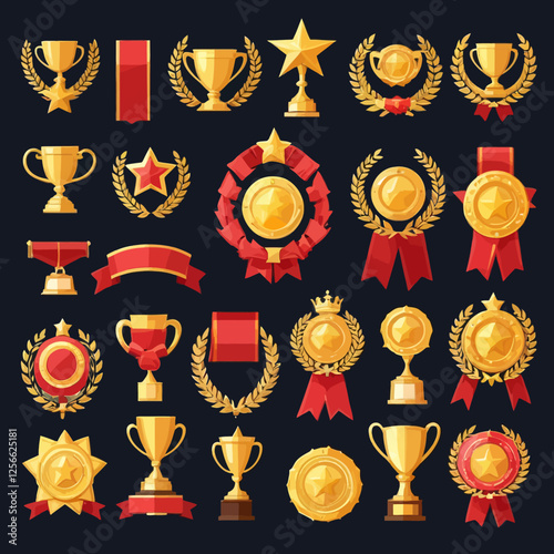 A Collection of Trophies and Medals: A striking visual display showcasing a diverse array of gleaming golden trophies and prestigious medals.