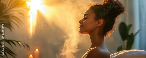 Young african female relaxing in a steamy spa environment at sunset