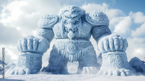 A colossal snow monster shaped like an ancient guardian, with intricate carvings of ice across its body, standing at the entrance of a hidden glacier temple. Ancient Ice Giants. Illustration photo