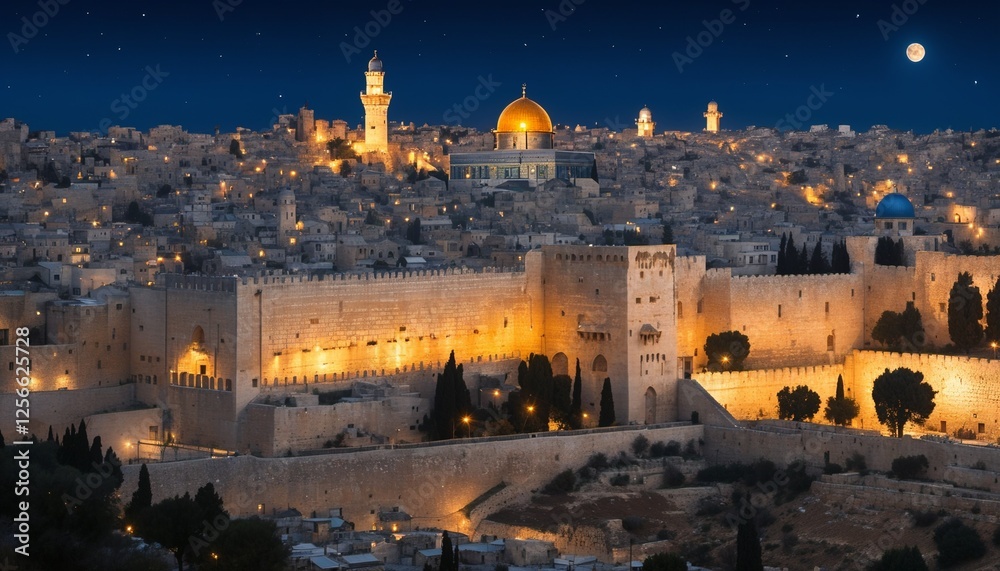 Fototapeta premium Ancient walled city at night with golden dome and illuminated skyline, spiritual and historical significance for Maundy Thursday