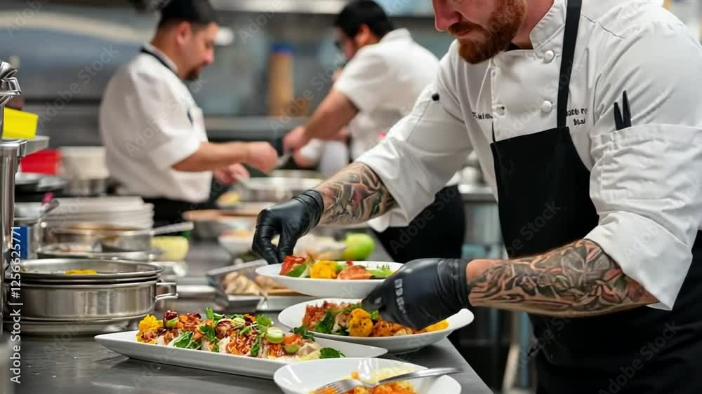 Culinary Artistry in Action: A talented chef meticulously plates vibrant dishes in a bustling professional kitchen, surrounded by his team. The image captures the precision, passion. Culinary Artistry in Action: A talented chef meticulously plates vibrant dishes in a bustling professional kitchen, surrounded by his team. The image captures the precision, passion.