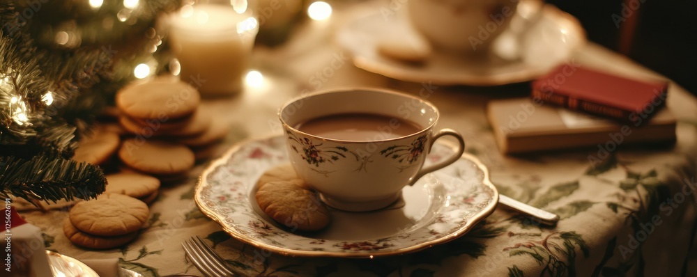 Cozy holiday tea setup with cookies and candlelight Cozy holiday tea setup with cookies and candlelight