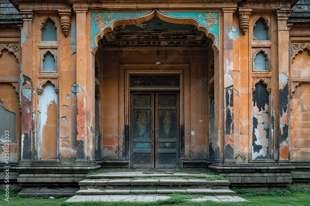 Fototapeta premium Aged Sandstone Facade of Abandoned Vintage Palace with Artistic Stains and Chips