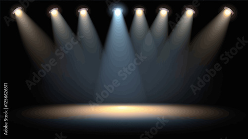 Stage Spotlight Background: Seven stage spotlights illuminate a dark stage, creating a dramatic and atmospheric background perfect for presentations, product displays, or theatrical productions.