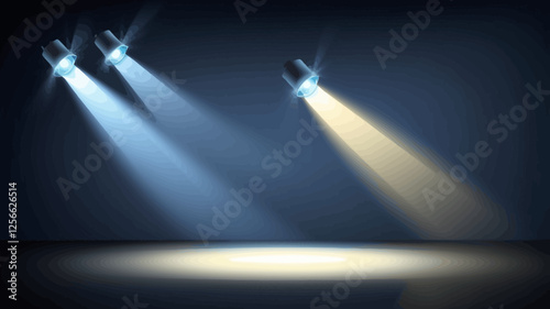 Stage Spotlight Beams: Two pairs of stage spotlights cast cool blue and warm golden beams, creating a dramatic lighting effect on an empty stage, ready for a performance. 