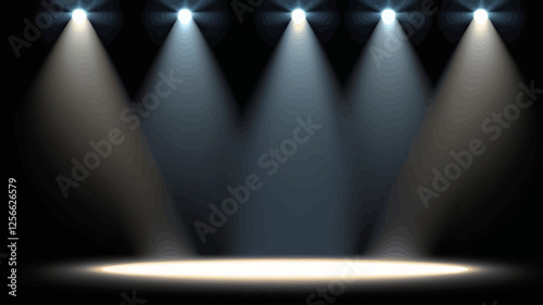 Stage Spotlight: A dynamic graphic resource depicting four powerful stage spotlights illuminating a circular area on a black backdrop, creating a dramatic and captivating visual effect.