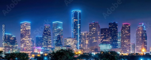 Illuminated houston skyline at night with vibrant city lights