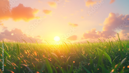 Sunlit morning landscape with dewy grass and fluffy clouds in a serene horizon
