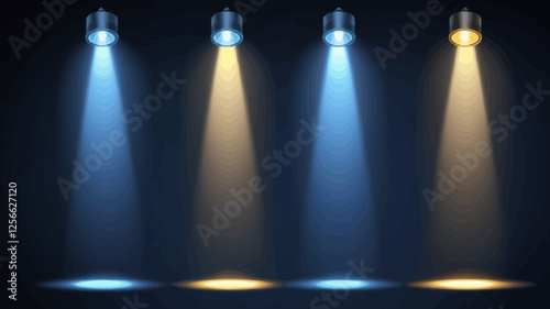 Illuminating Perspectives: Four spotlights illuminate the darkness, casting captivating beams of light in blue and gold hues, symbolizing illumination and transformation.