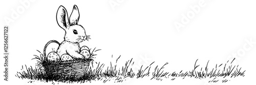 easter bunny in basket with eggs vector doodle black sketch illustration