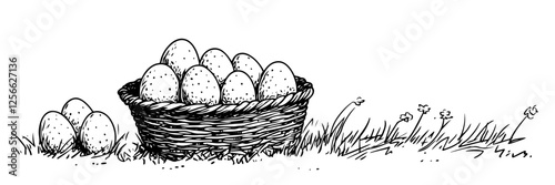 easter eggs in woven basket on grass vector doodle black sketch illustration