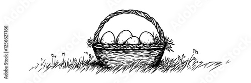 easter basket with eggs on grass vector doodle black sketch illustration