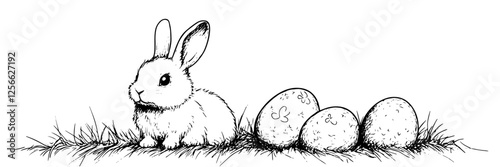 easter bunny with decorated eggs vector doodle black sketch illustration