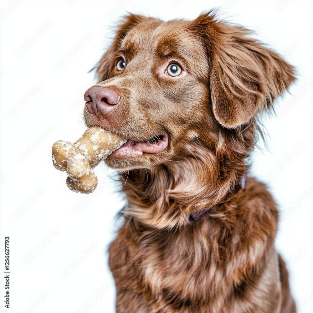 Nova Scotia Duck Tolling Retriever is happily chewing on bone. side view highlights dog's vibrant fur and playful demeanor. clean white background adds focus. Nova Scotia Duck Tolling Retriever is happily chewing on bone. side view highlights dog's vibrant fur and playful demeanor. clean white background adds focus.