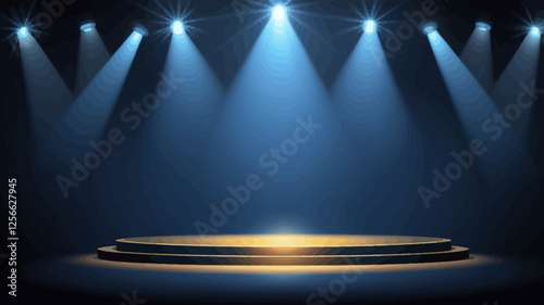 Stage with Spotlight: Illuminated stage with dramatic spotlights, creating a captivating atmosphere for performance, presentation or celebration.