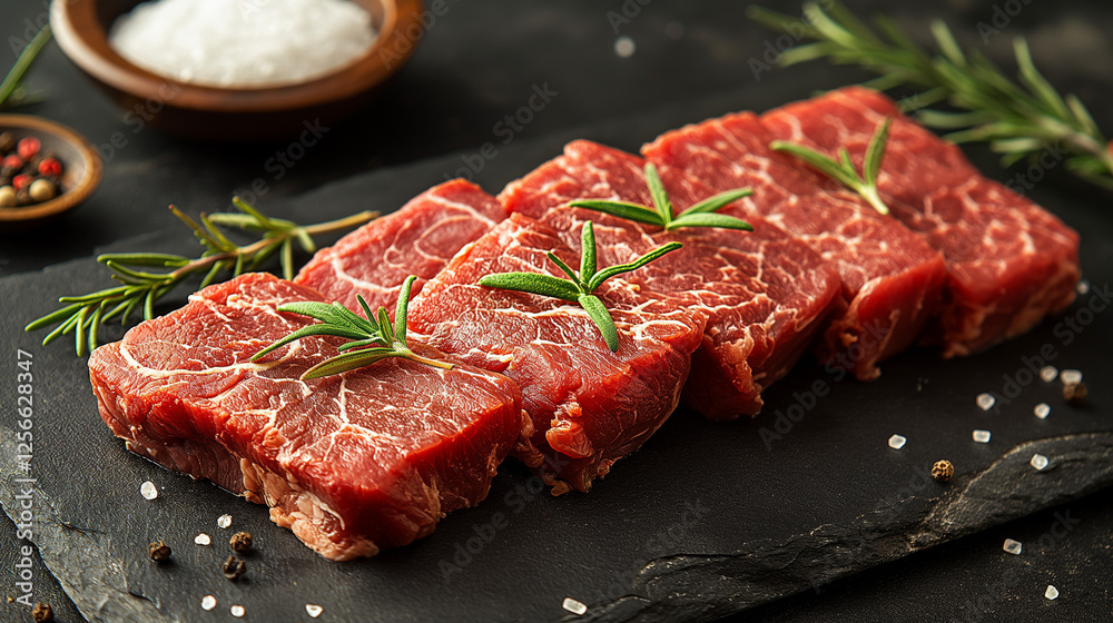 Raw steak cuts with herbs and scattered seasonings. Raw steak cuts with herbs and scattered seasonings.