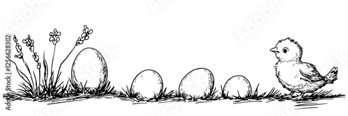 Easter chick standing near eggs in grass doodle vector sketch engraving