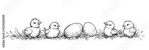 group of Easter chicks with eggs doodle vector sketch engraving