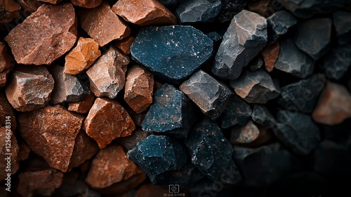 Close-up view of a textured arrangement of colorful stones showcasing various shapes and sizes, with a blurred background hinting at a natural setting photo