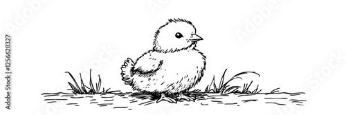 cute Easter chick standing in grass doodle vector sketch engraving