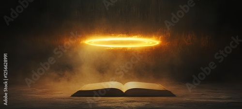 A bright halo of golden light floating above an ancient book crisp edges photo