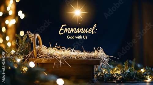 Banner featuring a wooden manger with hay, a radiant star shining above, dark blue night background, words 