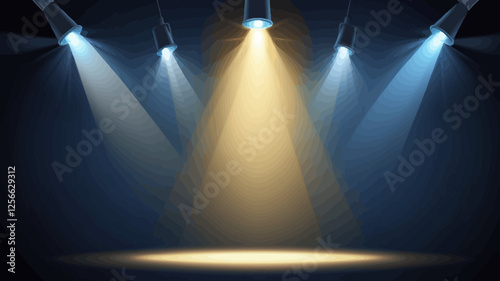 Stage Spotlight:  Five stage spotlights illuminate a dark stage, creating dramatic beams of light converging at center stage.