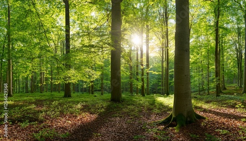 extra wide panorama of an amazing scenic forest with fresh green beech trees and the sun casting its rays of light through the foliage photo