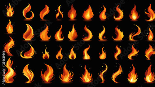 Fiery Passion's Palette: An array of stylized flames dances across the dark canvas, evoking primal energy, intensity, and the untamed power of fire.