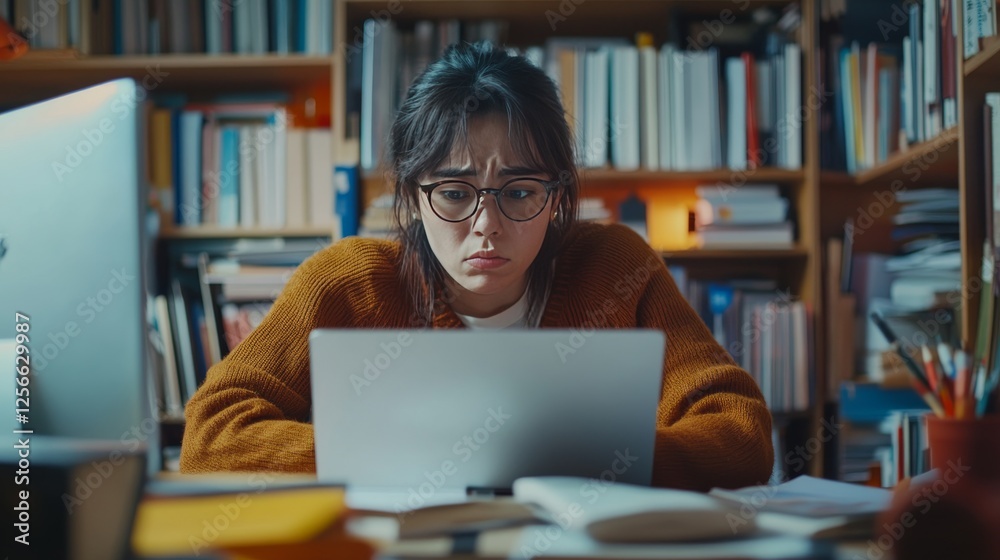 Frustrated student with technical issues during an online exam. Featuring a computer screen displaying an error message Frustrated student with technical issues during an online exam. Featuring a computer screen displaying an error message