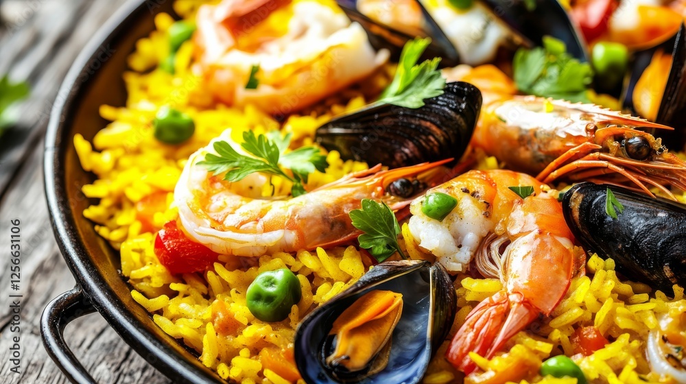 Image of rice and Spanish paella with seafood and saffron in a traditional Spanish paella pan, emphasizing vibrant and flavorful qualities. Ideal for Spanish cuisine and festive meals. Image of rice and Spanish paella with seafood and saffron in a traditional Spanish paella pan, emphasizing vibrant and flavorful qualities. Ideal for Spanish cuisine and festive meals.