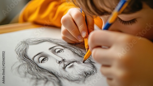 A child drawing a picture of Jesus photo