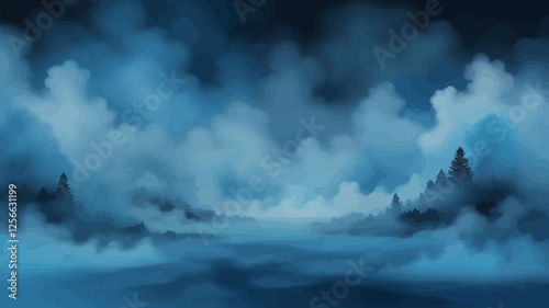 Mystic Dawn: A tranquil scenery unveils the mist and the mountains and evokes the sense of mystery and serenity
