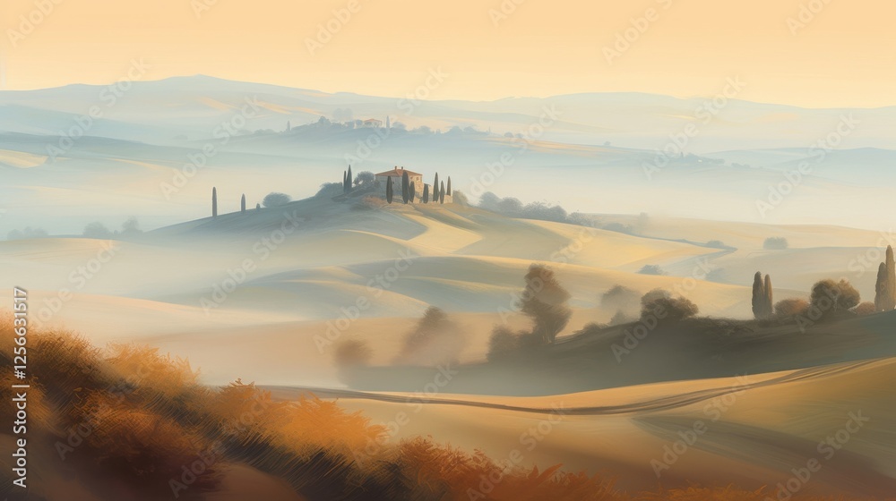 Misty Tuscan Sunrise: A Peaceful Rural Landscape Misty Tuscan Sunrise: A Peaceful Rural Landscape