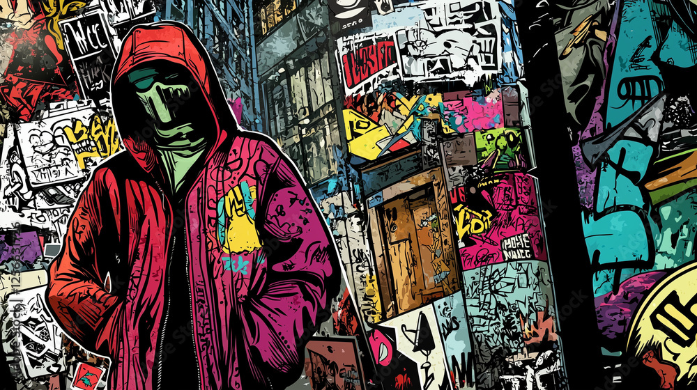 Fototapeta premium Vibrant digital illustration of a mysterious hooded figure in a graffiti-covered urban alley, featuring bold street art and vivid colors