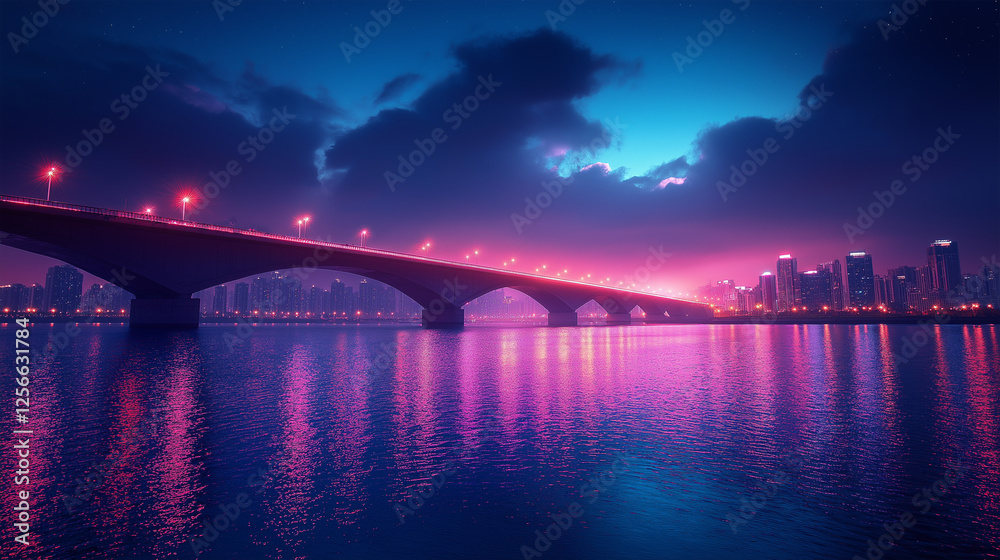 Fototapeta premium Futuristic Cityscape Featuring a Glowing Bridge and Illuminated Riverfront